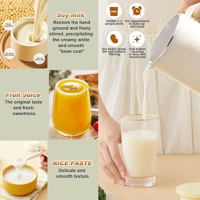 Nut Milk Maker Machine 33 OZ/1000 ML Soy Milk Maker Multi-Function Automatic Nut Milk Maker with 10 Blades for Homemade Plant-Based Milk Oat Crushing Ice Juice with 12 Hours Timer/Auto-Clean