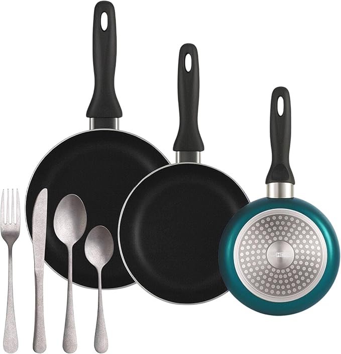 Well Home 3-Piece Set Diameter 16 x 20 x 24 cm Pressed Aluminium in Metallic Blue + 16 Piece Stainless Steel Cutlery Set