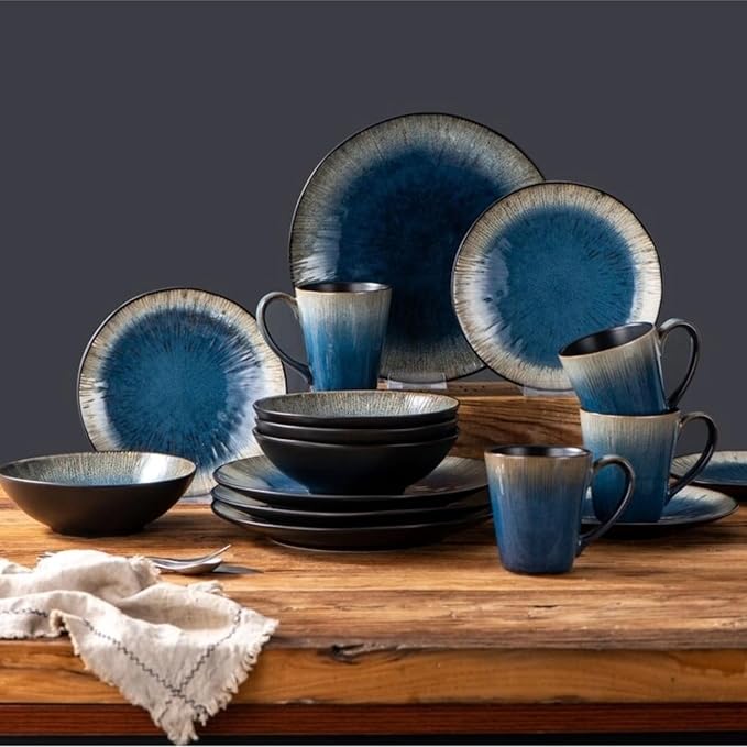 16-Piece Dinnerware Set Blue Gradient Pattern with Relief Design Service for 4 - Includes Dinner Plates Pasta Plates Salad Bowls and Mugs