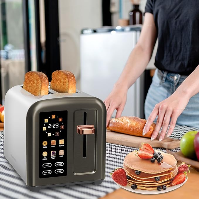 SEEDEEM Toaster 2 Slice Full Touch Control Stainless Toaster LCD Display 50% Faster Heating Speed 6 Bread Type 7 Shade Setting 1.5''Wide Slots Removable Crumb Tray 1350W Dark Metallic