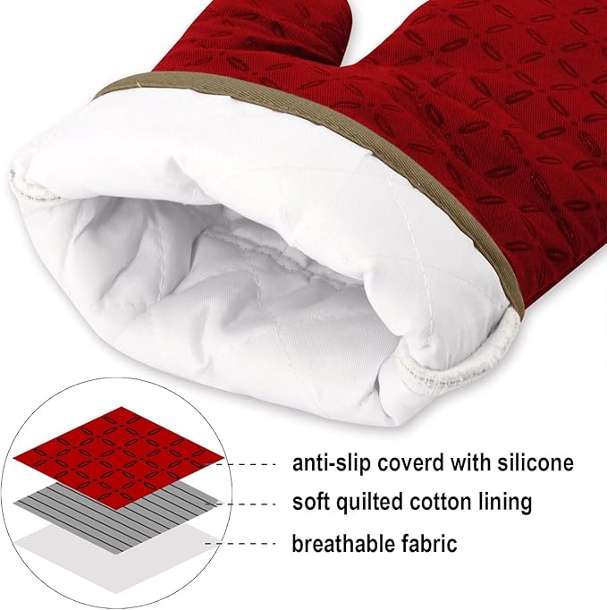 KEGOUU Oven Mitts and Pot Holders 6pcs Set Kitchen Oven Glove High Heat Resistant 500 Degree Extra Long Oven Mitts and Potholder with Non-Slip Silicone Surface for Cooking (Red)