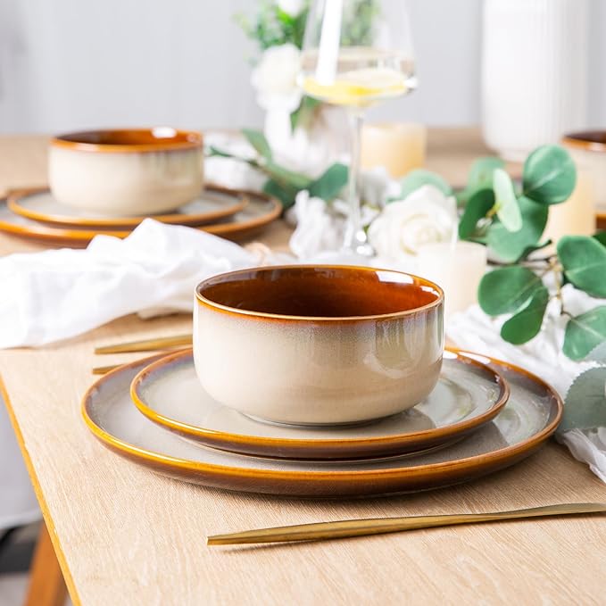LERATIO Ceramic Dinnerware Sets for 8Plates and Bowls SetsReactive Glaze Dishes SetHighly Chip and Crack Resistant | Dishwasher &amp Microwave &amp Oven Safe Dishes setService for 8-Kahki (24pc)