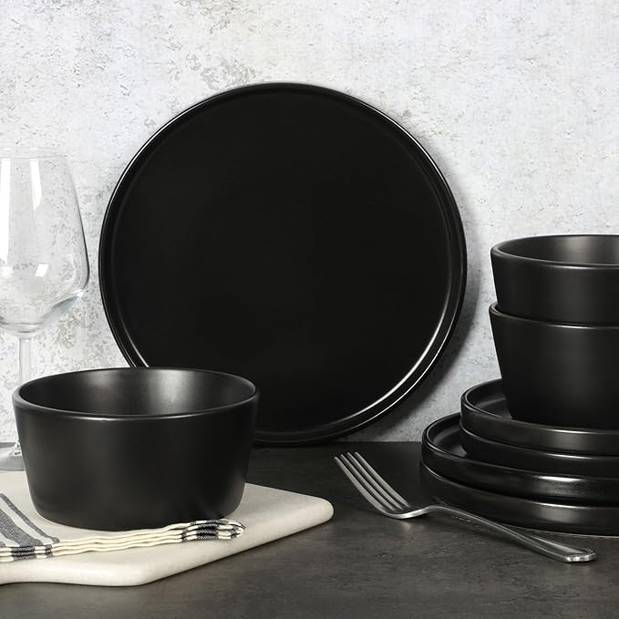 Soho Lounge 32-Piece Stoneware Dinnerware Set Black Solid Casual Round 32 Piece Dishwasher Safe