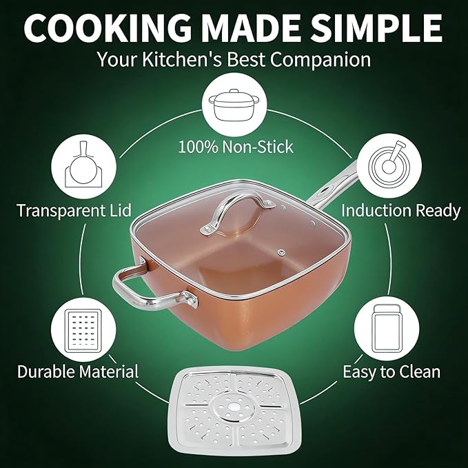 Stainless Steel Multifunctional Square Cookware Set Nonstick Pan and Deep Dish 4 - Piece - Even Heat Distribution Oven Safe to 500°F Perfect for Baking Frying and Steaming