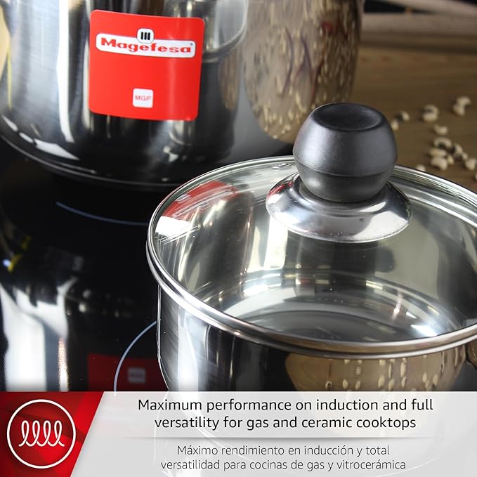 MAGEFESA Practika 7-Piece Stainless Steel Cookware Set Includes Stockpot Stew pot Saucepan Deep sauté Compatible with All Types of Stovetops Lids Included Dishwasher safe