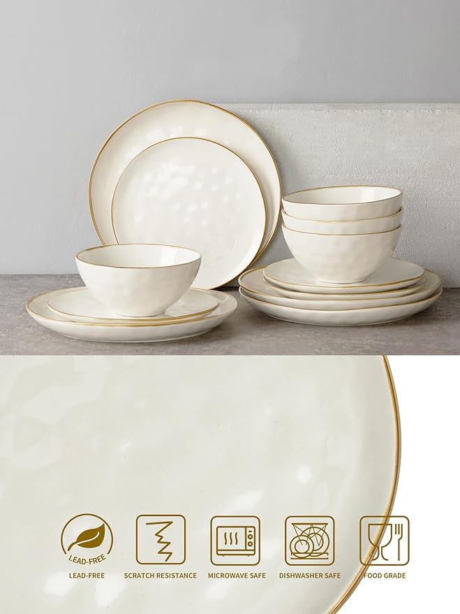 Famiware Ocean Round 12 Pieces Dinnerware Set + 6 Pieces Dipping Bowl Set Microwave and Dishwasher Safe Vanilla White