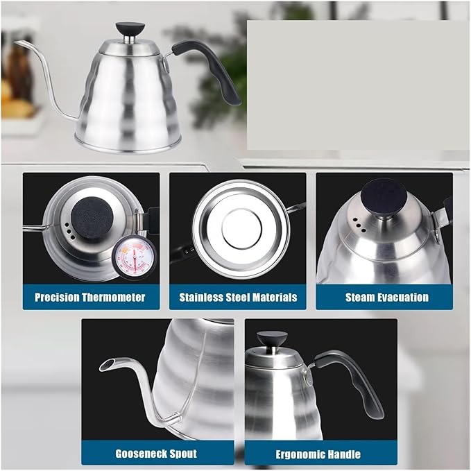 Silvery Gooseneck Coffee Maker Multi-purpose Kettle With Thermometer For Precise Pour-over Tea Brewing And Hot Water(1200ml no TEMP)