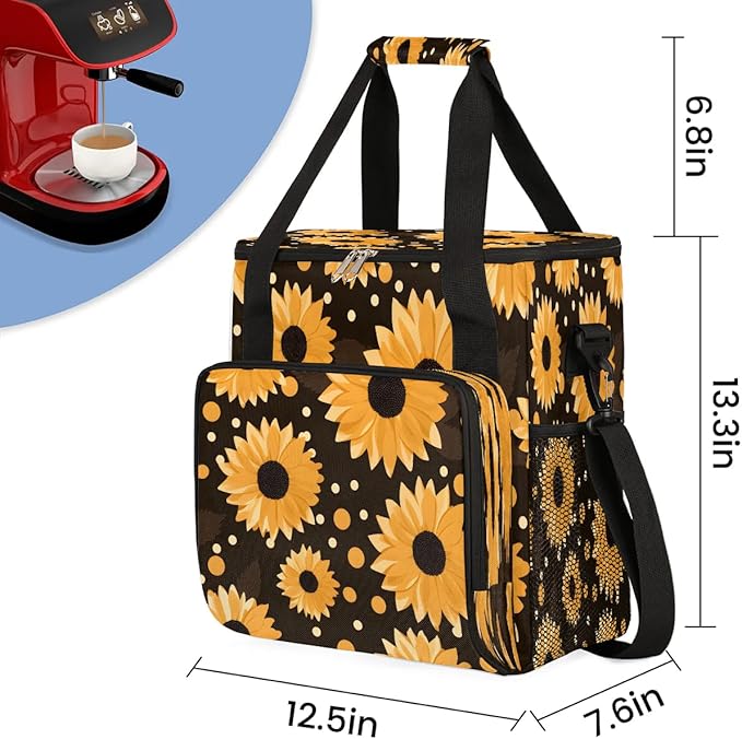 Abstract Sunflower Black Coffee Maker Travel Bag for K-Mini or K-Mini Plus Single Serve Coffee Brewer Portable Storage Tote Case for Tarvel