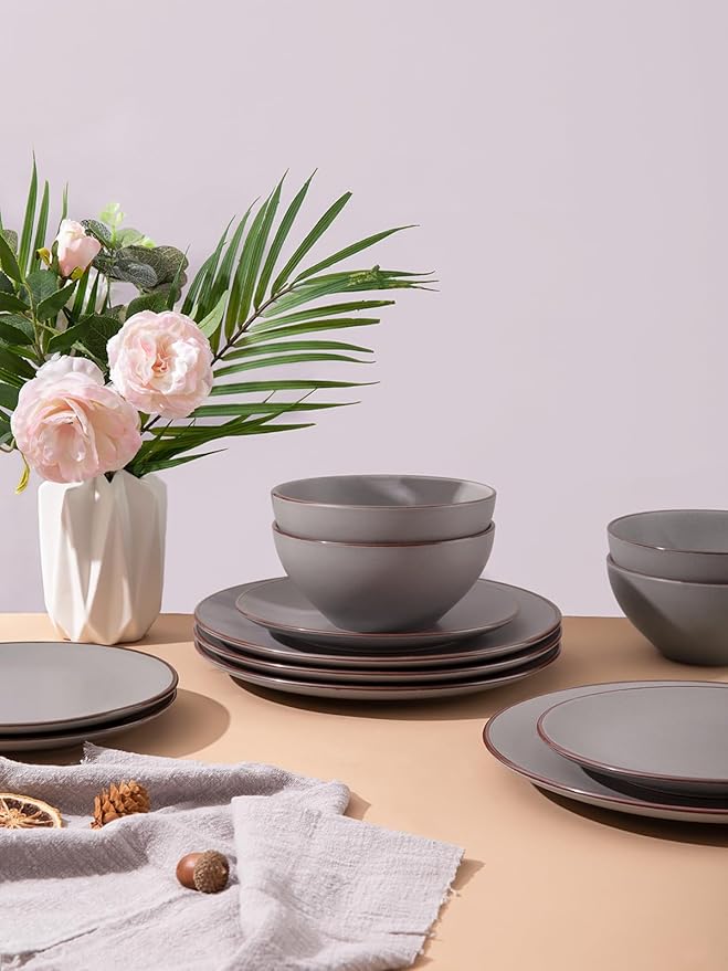 Famiware Venus Plates and Bowls Sets with Coffee Mugs Set 18 Pieces Stoneware Dinnerware Sets Dark Gray
