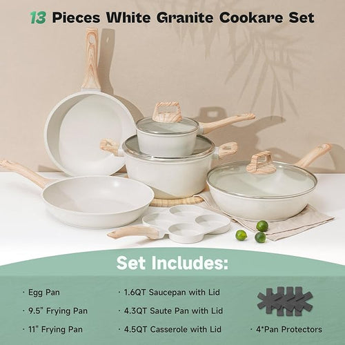 13 Pcs Pots and Pans Set Nonstick Cookware Sets White Granite Induction Cookware Non-toxic Healthy Non stick Kitchen Cooking Set with Frying Pans Set Saucepans (PFAS/PFOA/PFOS Free)