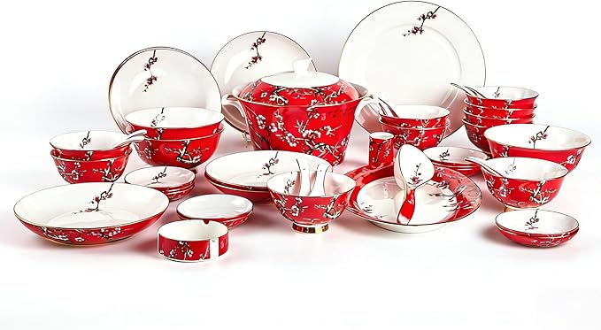 48 Piece Fine Bone China Dinnerware Set Luxury Dinner Set with Elegant Gold Rim (Royal Red)