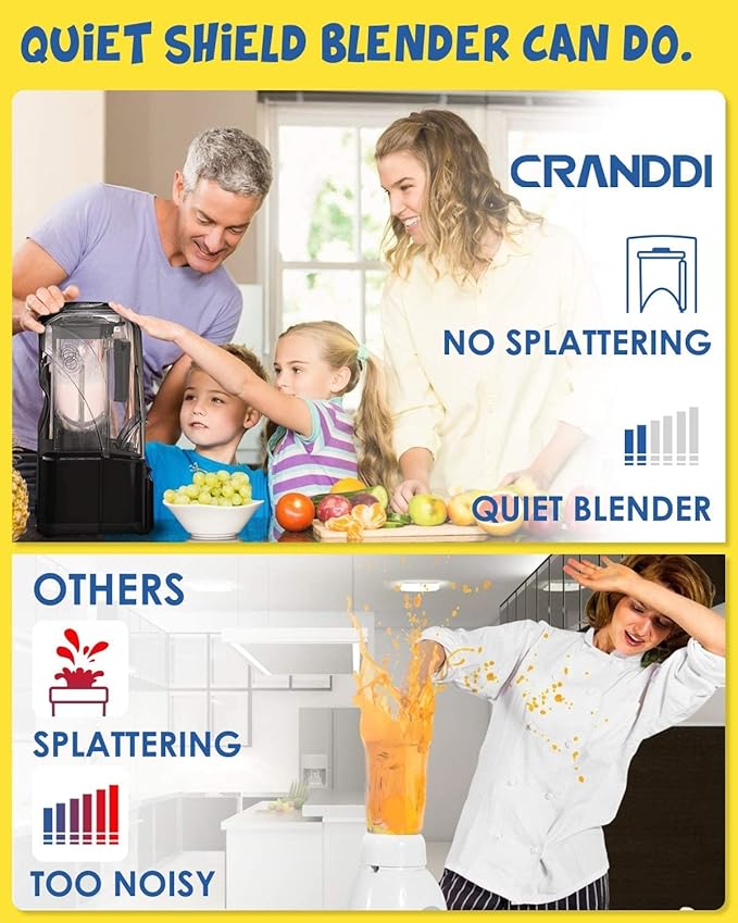 CRANDDI Commercial Quiet Blender 2200 Watt Professional Countertop Blender with 80oz Pitcher Built-in Pulse &amp 15-speeds Control Smoothie Blender for Commercial and Home K90 Black