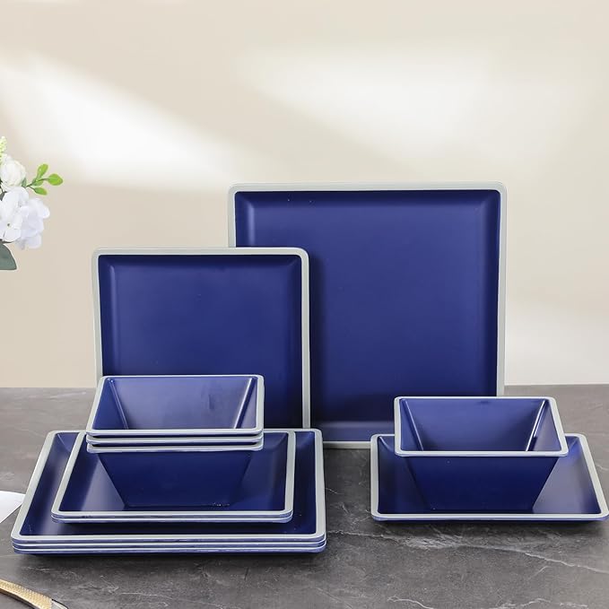 Square Melamine Dinnerware Sets Durable Square Dinner Plates and Bowls Set12-Piece Set Non-breakable Lightweight Dinner Tableware Sets Service for 4