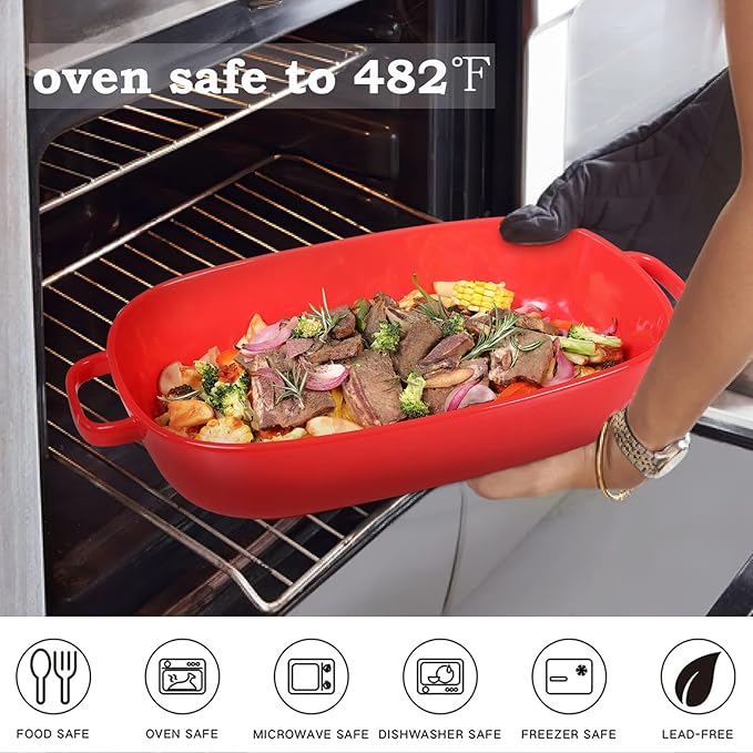 6 Quart Large Rectangular Baking Dish 16x11 Inches Ceramic Baking Pan Casserole Dish for CookingKitchen and Daily Use Safe for Oven Microwave Refrigerator Disinfection Cabinet and DishwasherRed