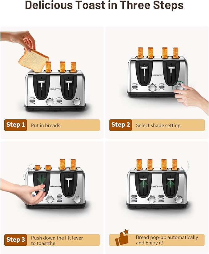 Toaster 4 Slice Keenstar Extra-Wide Slot Toaster with Dual Control Panels of Bagel/Defrost/Cancel Function 7 Toasting Bread Shade Settings Removable Crumb Trays Auto Pop-Up Stainless Steel