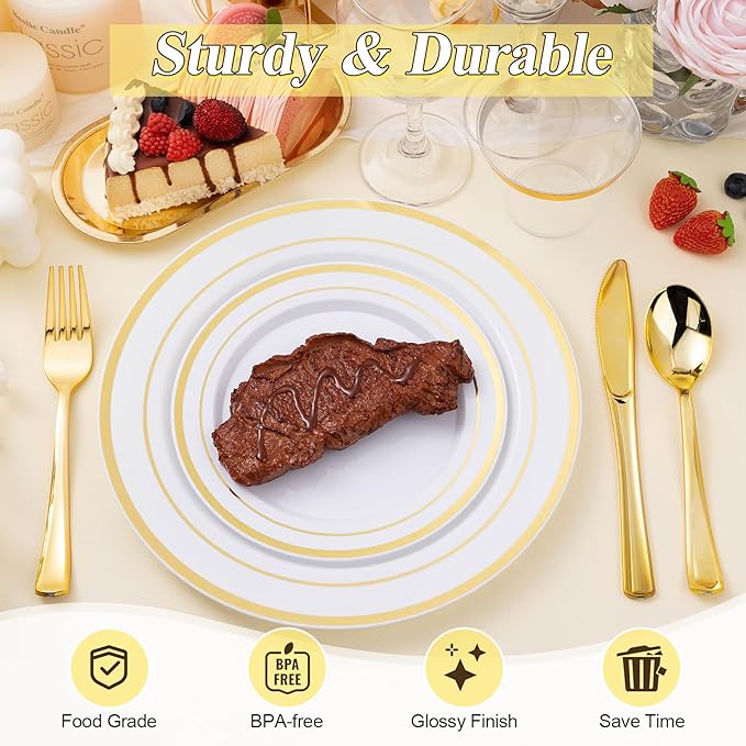 BESTSTAR 100PCS White Plastic Plates Set with Gold Rim 50 10.25 inch Heavy Duty Dinner Plate and 50 7.5 inch Dessert Appetizer Plates Premium Disposable Plates for Party Wedding Birthday
