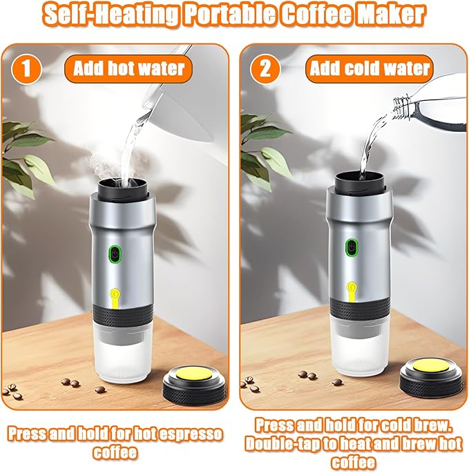 Portable Espresso Machine 3-in-1 Self-Heating Portable Coffee Maker for Travel with Rechargeable Battery Cordless Electric Mini Espresso Maker for RV Hiking Camping Office (Silver)