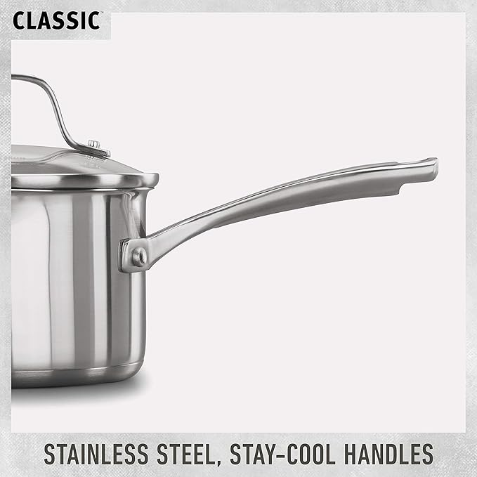Calphalon Classic Stainless Steel Cookware Set 10-Piece Impact-Bonded Aluminum Base Stay-Cool Handles Oven Safe 450F Silver