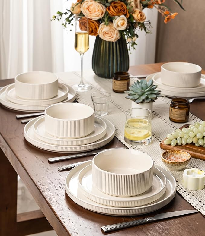 GBHOME Stoneware Dinnerware Sets for 4 12 Pieces Ceramic Ribbed Plates and Bowls Set Reactive Glaze Stackable Plate Sets Scratch Resistant Dishes Microwave &amp Dishwasher Safe Beige