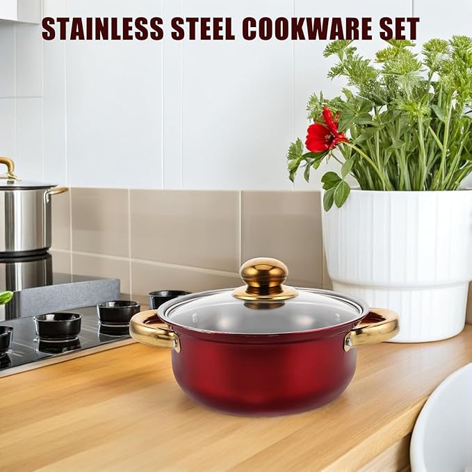 Stainless Steel Cookware Set with Nonstick Surface and Gold Handles Kitchen Pots and Pans for Frying Baking and Cooking Vibrant Wine Red Color Compatible with Multiple Heat Sources