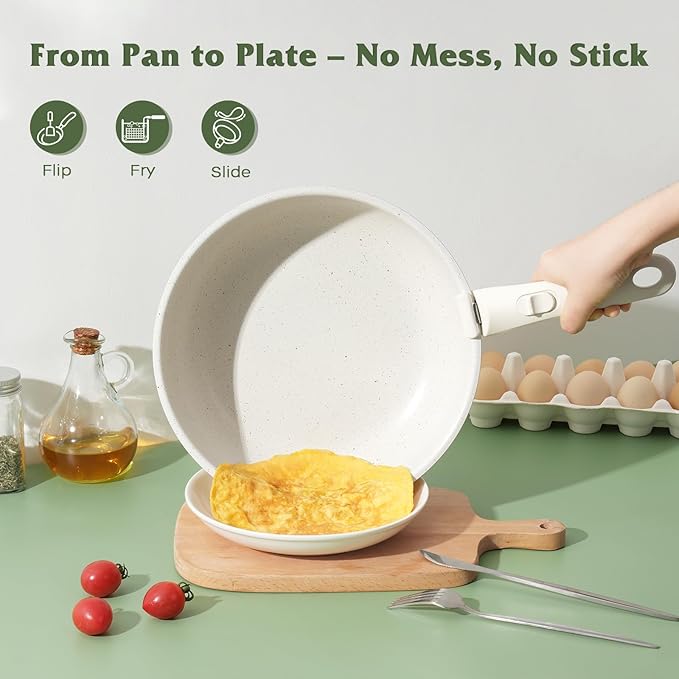 18 Pcs Pots and Pans Set Non Stick Cookware Sets with Detachable Handle Nonstick RV Kitchen Cooking Tools Removable Handles Oven Safe Induction Fast Stackable Induction Cookware White