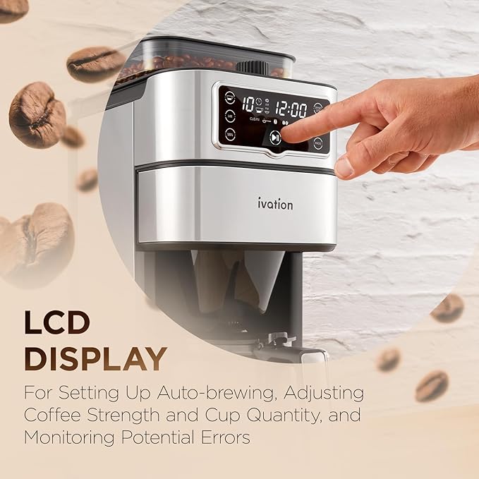 Ivation 2-in-1 Drip Coffee Maker &amp Grinder – Programmable Auto Brew &amp Timer - Warming Plate - 10 Cup - Reusable Filter Basket – 1.5L Water Tank – 1000W - Pause and Pour