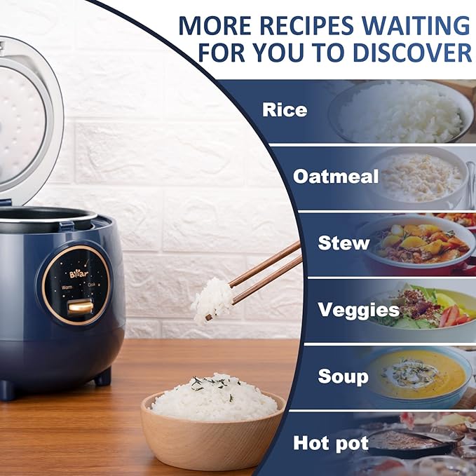 Bear Mini Rice Cooker 2 Cups Uncooked 1.2L Portable Non-Stick Small Travel Rice Cooker BPA Free One Button to Cook and Keep Warm Function Blue