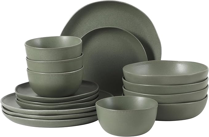 Gibson Elite Menlo Park 16-Piece Pottery Clay Stoneware Dinnerware Set – Green Reactive Glaze Organic Shape Embossed Plates and Bowls W/Pasta Bowl Service for 4 – Microwave &amp Dishwasher Safe