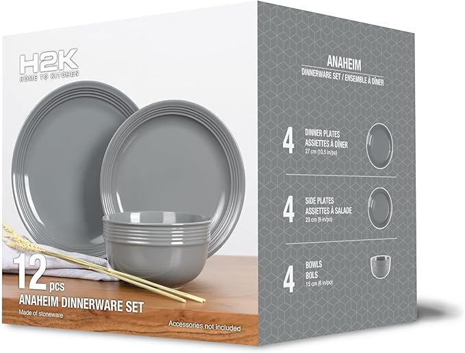 Stoneware Dinnerware Set. Dishes for 4. Plates and Bowls Set. Microwave Safe. Platos de Cocina. Kitchen Plates. Gray Dish