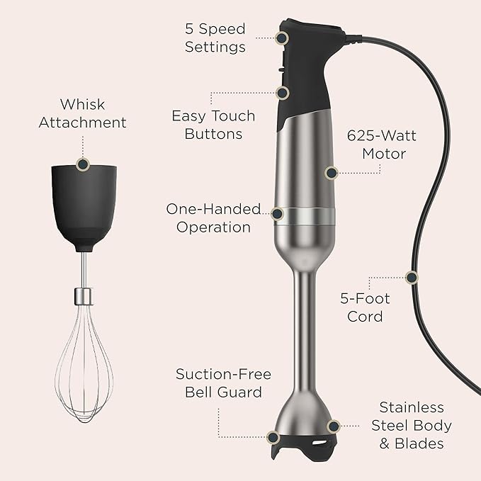 Vitamix 5-Speed Immersion Blender 3-Piece Bundle with Whisk Attachment and Storage Case Professional-Grade Hand Blender with 625-Watt Motor and Stainless-Steel Blade Stainless Steel/Black