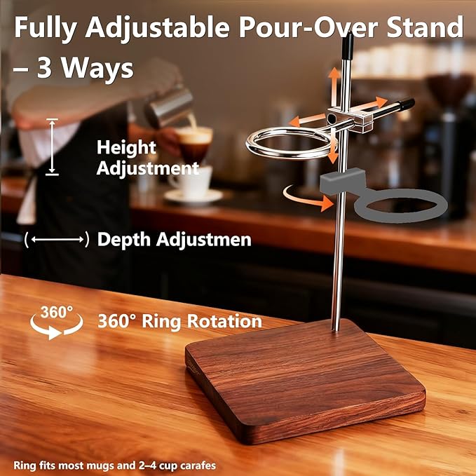 Pour Over Coffee Stand with Solid American Black Walnut Base Height Adjustable Coffee Dripper Stand Wooden Brewing Station for V60 Elegant Gift for Home Barista &amp Kitchen Décor