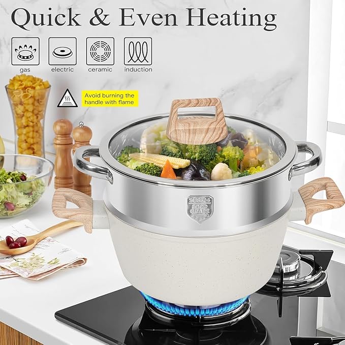 12pcs Pots and Pans Set Non StickKitchen Cookware Sets Induction CookwareNonstick Granite Cooking Set with Frying PansSaucepans Steamer Silicone Shovel Spoon &ampTongs Nonstick Pots Aluminium (Wh