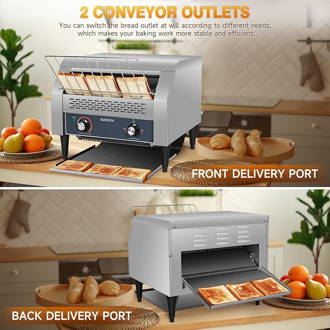 SUCICENI Commercial Conveyor Toaster 450 Slices/H Industrial Toasters 3 Slice at Time 2600W Bun Toasters with Dual Heating Tube for Bagel Bread Croissant Waffle Bakery Restaurant Cafe (450 slice/Hour)