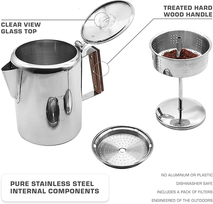 Camping Coffee Pot – Heat-Resistant Stainless Steel Build Quick Brew Portable Percolator Easy-Clean Handle Coffee Maker | Perfect for Outdoor Adventures Picnics Travel Home Kitchen and Group