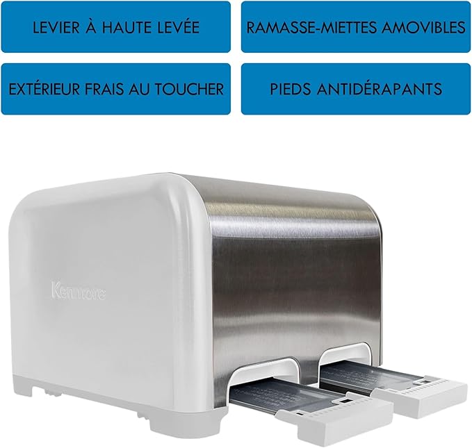 Kenmore Toaster 4 Slice - Extra Wide Slot Countertop Kitchen Appliance Defrost Function Grille-Pain 9 Shade Settings Compact Design Easy Clean Crumb Tray Bread Bagel Stainless Steel &amp White