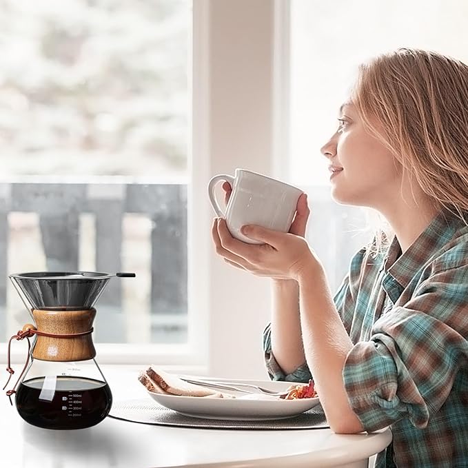 Wood Neck Pour Over Coffee Maker with Stainless Steel Filter 800ml(27oz) Glass Coffee Pot Drip Coffee Brewer for Home Cafe Camping Gift - Permanent Reusable Filter No Paper Needed(800ml)
