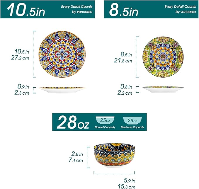 vancasso 12-Piece Multicolor Geometric Dinnerware Set - 4 Place Settings with 4 Dinner Plates 4 Salad Plates and 4 Cereal Bowls - Dishwasher and Microwave Safe