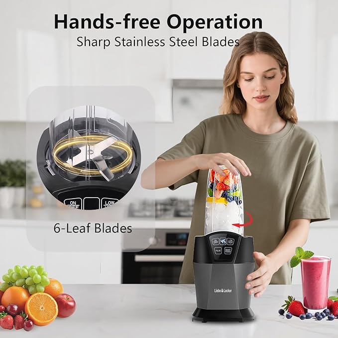 Liebe&ampLecker Smoothie Blender 1200 Peak Watts Blender for Smoothies Blenders with (2) 28-oz To-Go Cups &amp Solid Lid Personal Blenders for Shakes and Smoothies Ice Crushing &amp Frozen Frui