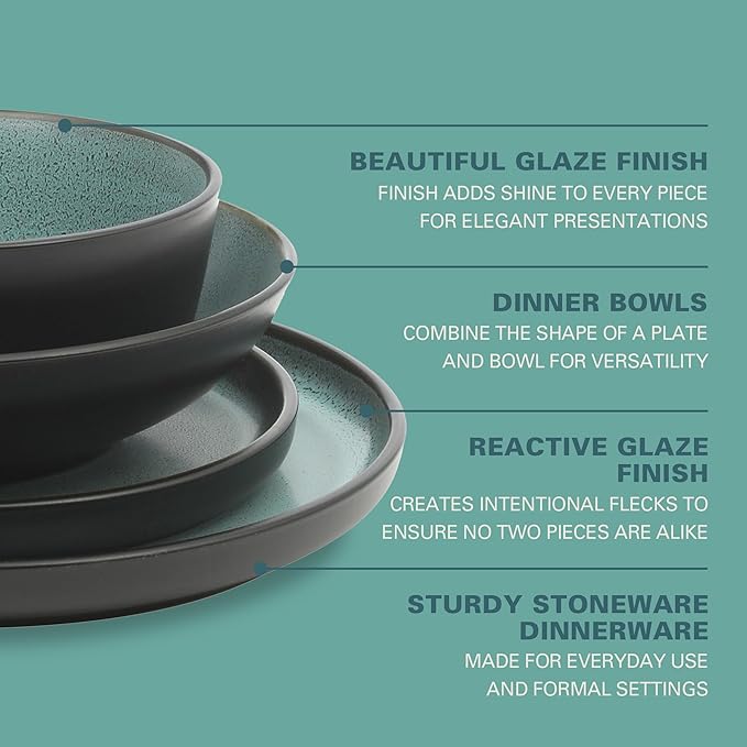 Gibson Elite Tribeca Loft 16-Piece Dinnerware Set – Matte Black and Green Reactive Glaze Stoneware Double Bowl Round Plates and Bowls – Modern Rustic Tableware for 4 Dishwasher &amp Microwave Safe
