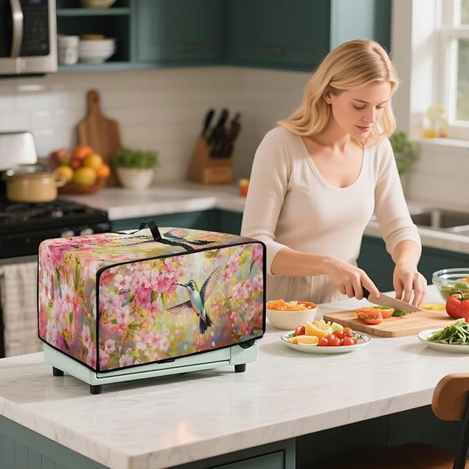 Toaster Oven Cover Heat-Resistant Dust-proof Air Fryer Protective Covers with Organizing Side Pockets to Hold Jam Spreader Knife &amp Toast Machine Tongs Cute Hummingbird