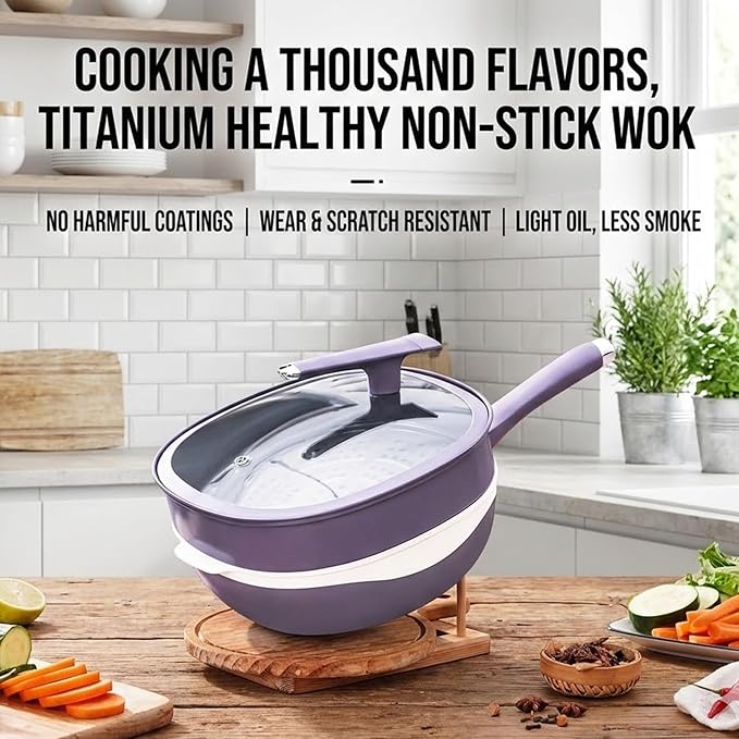 12 Inch Titanium Alloy Non Stick Pot With Lid With Steamer Non Stick Frying Pan Set With Lids For Cooking Nonstick Frying Cookware Sets Deep Saute Pan (Red)