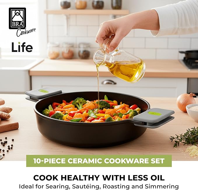 BRA COOKWARE Life 12-Piece Ceramic Cookware Set | Recycled Cast Aluminum Pots &amp Pans Set w/ 2 Pots 1 Sauté Pan 3 Pans 1 Saucepan 1 Grill 4 Lids | Ceramic Non-Stick Coating | All Stovetops