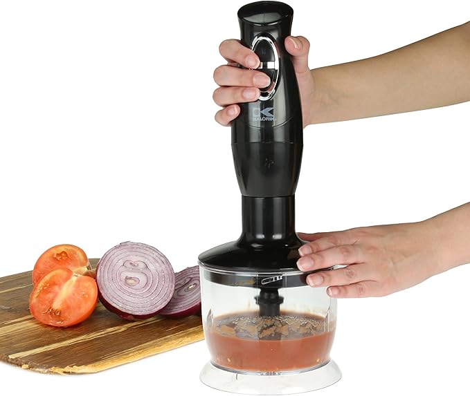 Kalorik Immersion Blender 3-in-1 Handheld Emulsion Combi Blender with Chopper Whisk and Stick Mixer Attachments Two Speed Switch and Stainless Steel Shaft and 20-Oz Mixing Cup 200-Watts Black