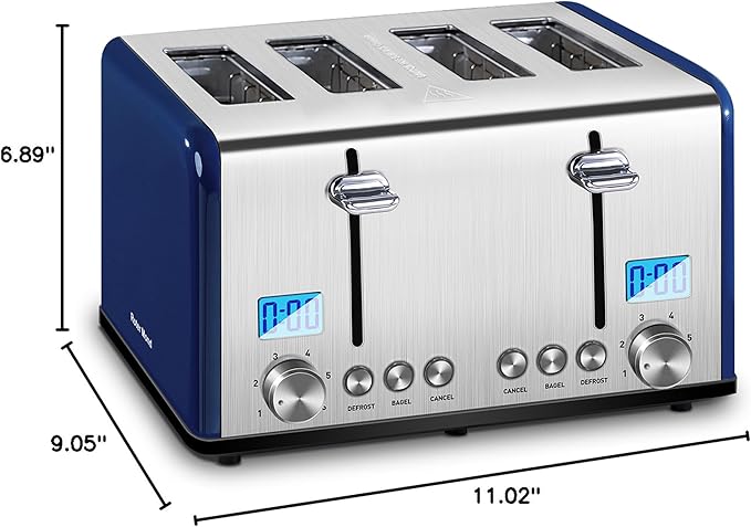 Roter Mond Countdown Stainless Steel 4 Slice Toaster with Bagel Defrost Cancel Function Dual Toaster Extra Wide Slots 6 Shade Settings Removable Crumb Trays 1650W Blue
