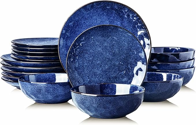 vicrays 18-Piece Kitchen Dinnerware Set Ceramic Fluted Dinner Plates Salad Plates Bowls Set Microwave Oven and Dishwasher Safe Scratch Resistant Suitable for Home Party Restaurant (Blue)