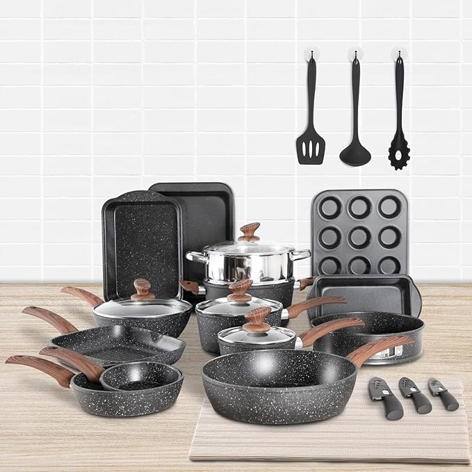 30-Piece Black Granite Induction Cookware and Bakeware Set - Non-Stick Pots and Pans for Effortless Cooking