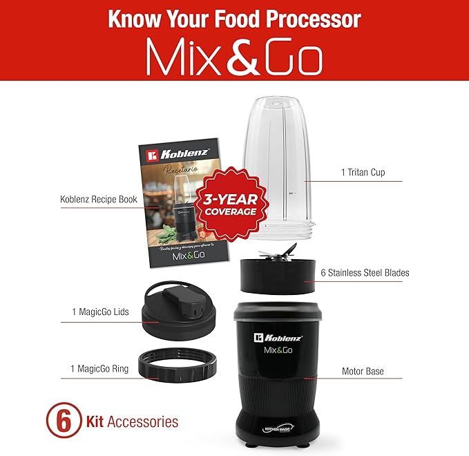 Koblenz Mix&ampGo Personal Blender 1000W Portable Blender for Shakes and Smoothies 6 Stainless Steel Blades Auto-Stop 30 oz BPA-Free To-Go Cup Recipe Book Easy to Clean 6-Piece Kit Black BKM