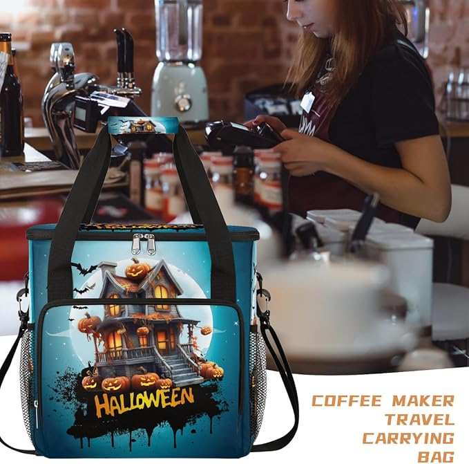 Halloween Moon Castle Pumpkin Bats Coffee Maker Carring Bag Travel Carrying Storage Tote Bag Compatible with Keurig K-Mini or K-Mini Plus Portable Single Serve Coffee Brewer Case with Pockets