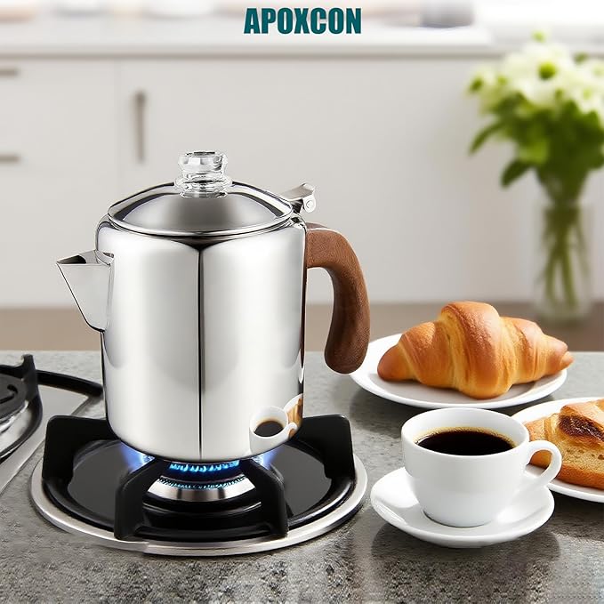 Coffee Percolator Stainless Steel Coffee Maker with Fireproof Solid Wood Handle &amp Tough Glass Clear Brew Progress Knob Camping Coffee Pot Using on any Stovetop NO Aluminum NO Plastic (6 Cup)