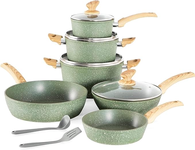 12 Pieces Kitchen Pots &amp Pans Set Nonstick Cookware Set Granite Coated Green